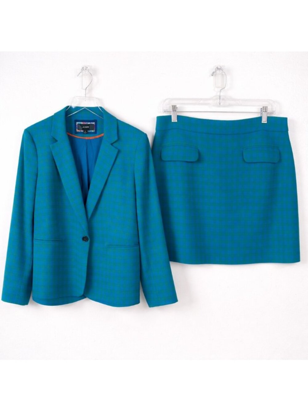 J.Crew NWT Blue Green Check Skirt Suit Set Blazer 16 Skirt 14 Career Office
